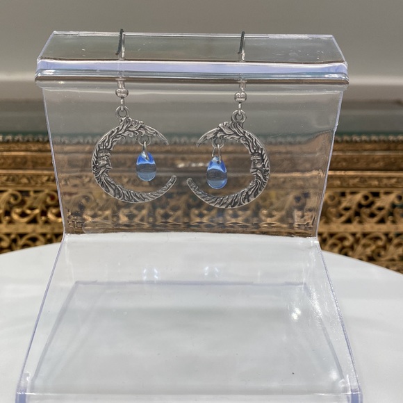 Man in the Moon - blue glass teardrops - silver earrings cast on both sides! EUC - Picture 7 of 16